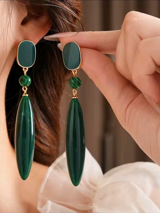 Anthropologie Jewelry - Elegant Green Drop Earrings with Gold Accents - Women Jewelry